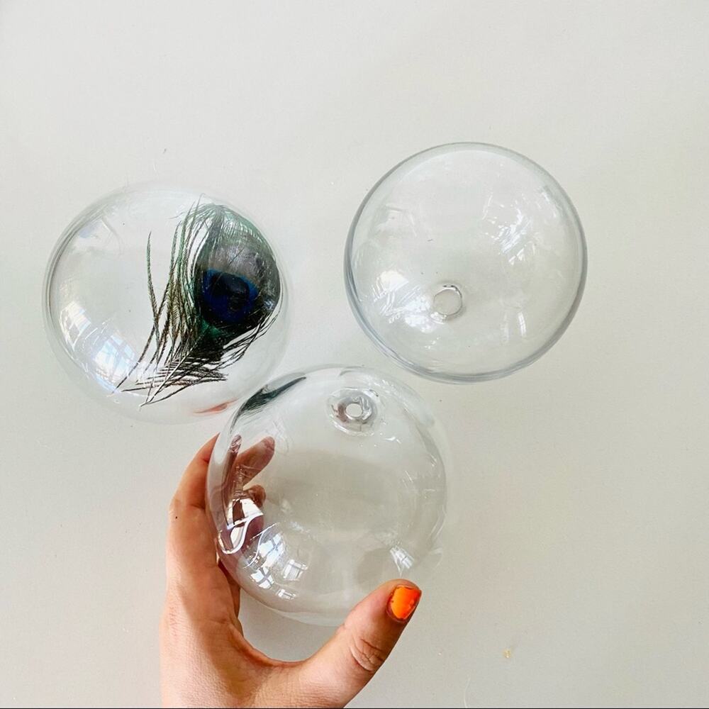 VINTAGE Handblown Clear Glass Ball Orb Accent Decor Blue Green Peacock Feather 3